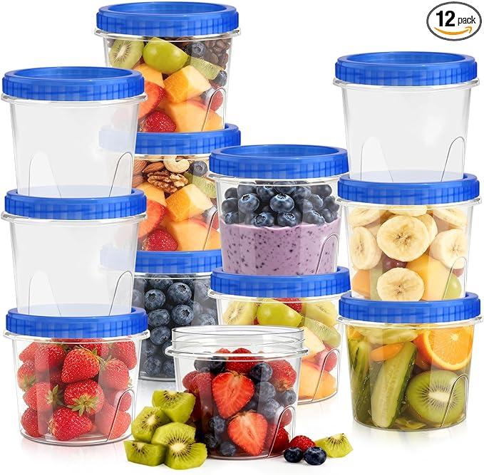 12 Pack Freezer Containers with Screw On Lids, 24 Oz Stackable Reusable Plastic Storage Container, Airtight Plastic Food Storage Containers with Twist Top Lids for Food Soup Jello Sauce