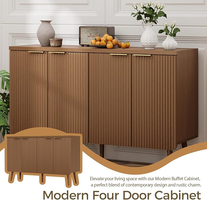 4-Door Fluted Sideboard Buffet Cabinet, 47" Large Storage Cabinet with Shleves, Wood Modern Accent Credenza Kitchen Table for Dining Room, Living Room & Entryway, Walnut