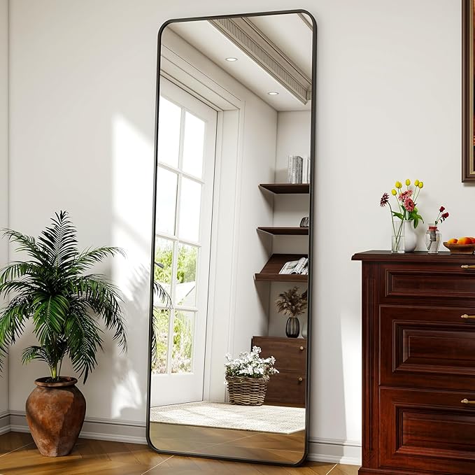 VooBang Round Corner Mirror Full Length, 16" x 59" Floor Mirror with Stand, Matte Aluminum Alloy Frame Full Body Mirror, Standing Hanging or Leaning for Bedroom and Living Room, Black