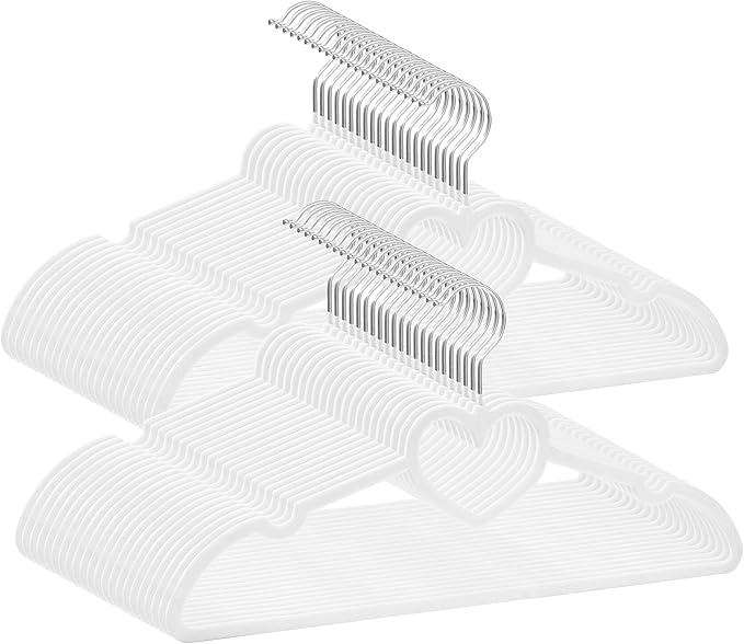 White Velvet Hangers 50 Pack, 16" Non Slip Adult Hangers, Slim Clothes Hanger with 360 Degree Swivel Hook - Durable & Cute