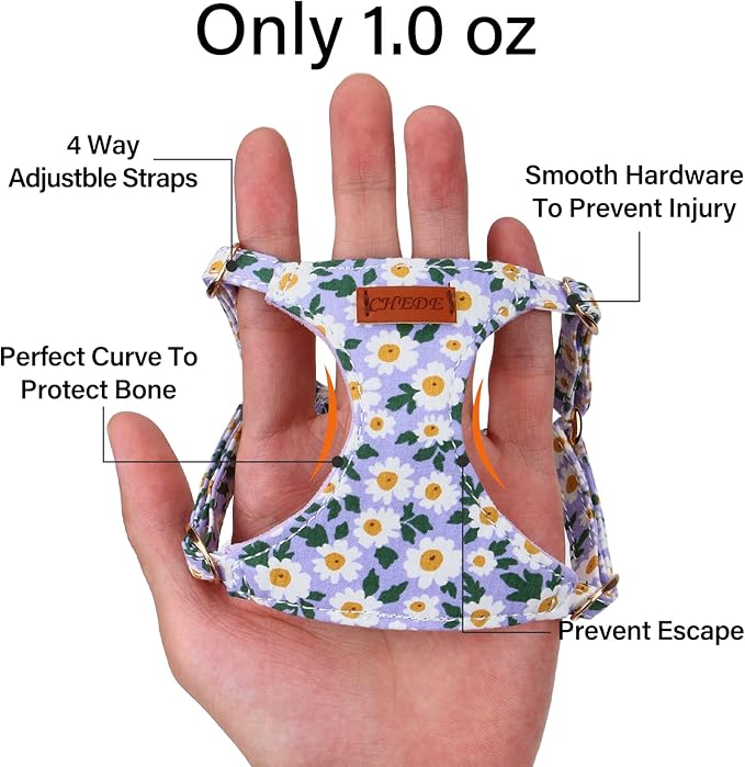 CHEDE No Pull Floral Pattern Dog Harness - Lightweight and Soft, Adjustable Small Dog Harness Set with Leash, Suitable for Puppy to Medium-Sized Dog
