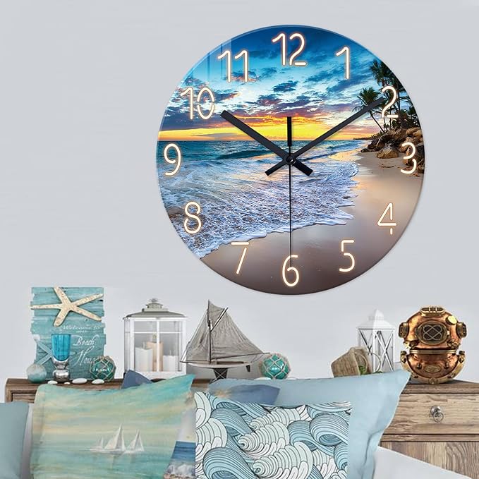 24 Inch Glass Large Wall Clocks for Living Room Decor Palm Tree Battery Wall Clock Modern Coastal Blue Wall Clock Silent