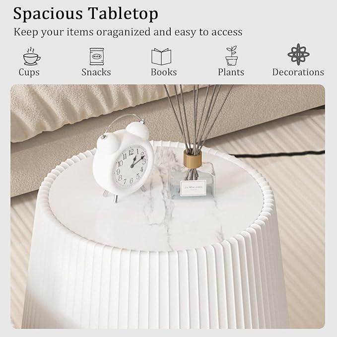 White Round Coffee Table with Sintered Stone Tabletop, 17.71" Drum Coffee Table with Fluted PU Leather Covered and Stable Base, Circle Cocktail Tea Table for Living Room