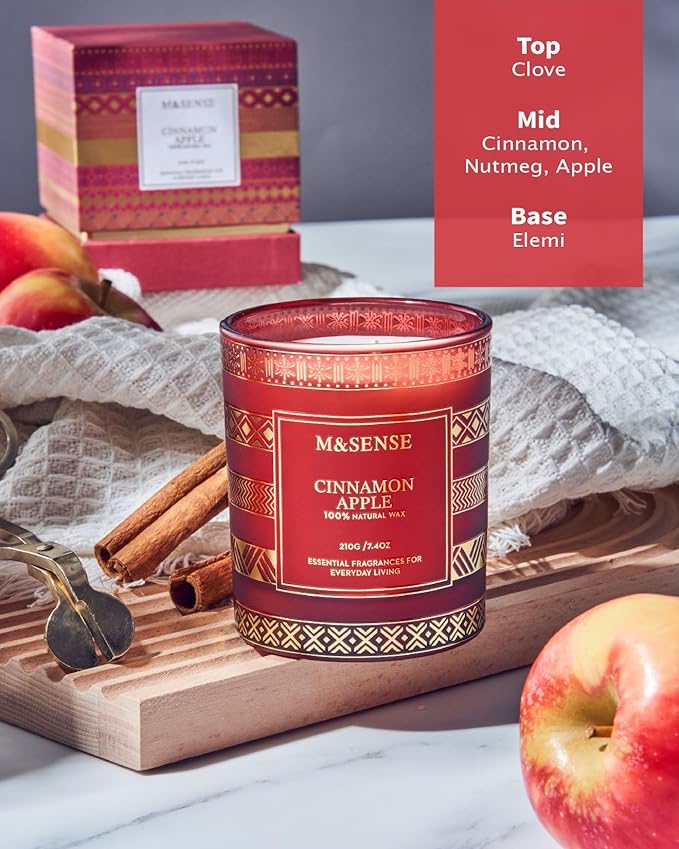 M&SENSE Christmas Candle, Cinnamon Apple Scented, Natural Non Toxic Soy Candle for Home Scented, Xmas Thanksgiving Gift, 45 Hour Long Burning Time, Luxury Gift for Men Women, 7.4 Oz