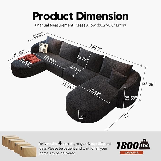 138.6" Modular Sectional Couches Luxury Modern Curved Back U-Shape Sofa Set with Ottoman,Minimalist Comfy Boneless Cloud Couch for Living Room Apartment,(Right Facing Chaise,Black)