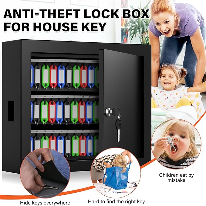 75 Keys Key Lock Box Wall Mount with 75 Colored Key Tags, Anti-Theft Key Box Key Cabinet with Side Opening, Key Organizer Key Safe for Home Office Garage Rental Business