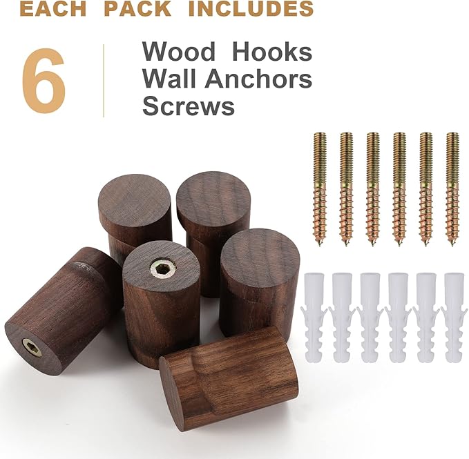 Wood Wall Hooks 6 Pack, Natural Wooden Coat Hooks Wall Mounted, Handmade Rustic Hat Hooks Heavy Duty Entryway Wall Hangers for Hanging Towels, Clothes, Bags (Black Walnut Wood)