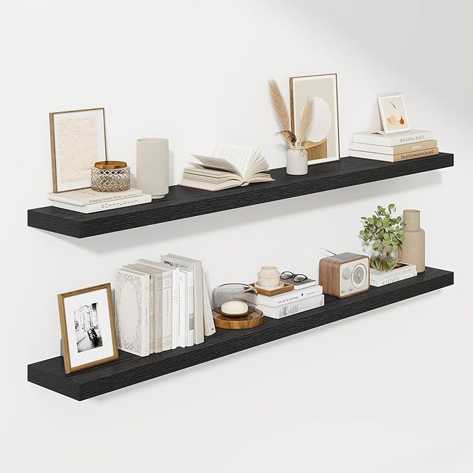 Fun Memories 66 Inch Fireplace Mantel Shelf with Invisible Bracket, 8 Inch Deep Floating Shelf for Living Room, Kitchen, Farmhouse, Black (2-Pack)