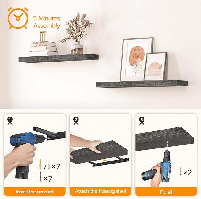 HOOBRO Floating Shelves for Wall, Wall Mounted Shelf Set of 2, 23.6" Hanging Shelf with Invisible Brackets, for Wall in Bathroom, Bedroom, Toilet, Kitchen, Living Room, Office, Charcoal Gray BC60BJ01