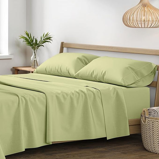 XOOX Linen 100% Egyptian Cotton Queen Sheet Set - Luxury 1200 High Thread Count Egyptian Cotton Sheets Queen Size (4 PC, Sage Green), Silky Soft, Cooling, 17" Deep Pocket Sateen Weave Hotel Bedding