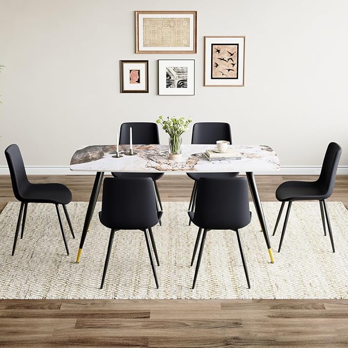 7 Piece Modern Dining Set, 62'' Sintered Stone Dinner Table for 6, 6 Chairs, Easy to Assemble