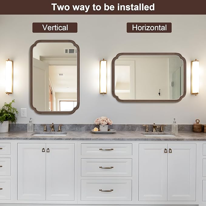 WallBeyond Wood Bathroom Mirror for Wall Mounted with Rounded Corner Wood Frame for Entryway, Living Room or Bedroom Home Decor Vertical or Horizontal Hanging [24" x 36" Walnut Color]