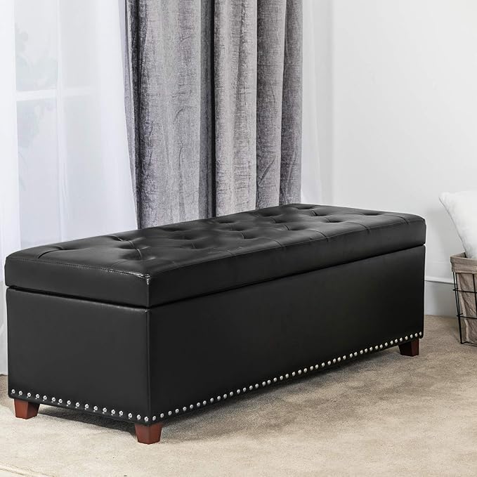 Joveco 47 Inch Storage Ottoman Bench,Tufted Leather Storage Bench with Nailhead Trim for Bedroom (47”,Black)