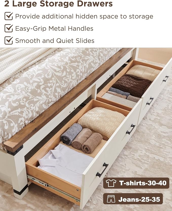 T4TREAM Farmhouse Queen Size Bed Frame with 54" Tall Geometric Headboard & 2 Large Storage Drawers, Rustic Wood Platform Bed with Wood Slats Support, No Box Spring Needed, Antique White