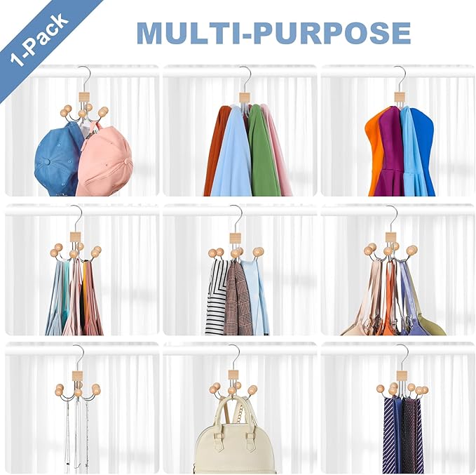 TOPIA HANGER Hoodie Hangers with 6 Wood Balls, Purse Hanger, Scarf Hanger, Wooden Closet Hooks, Handbag Organizer, Bra Hanger, Accessory Organizers for Scarf, Tanktop, Hat, Sweatshirt CT81N