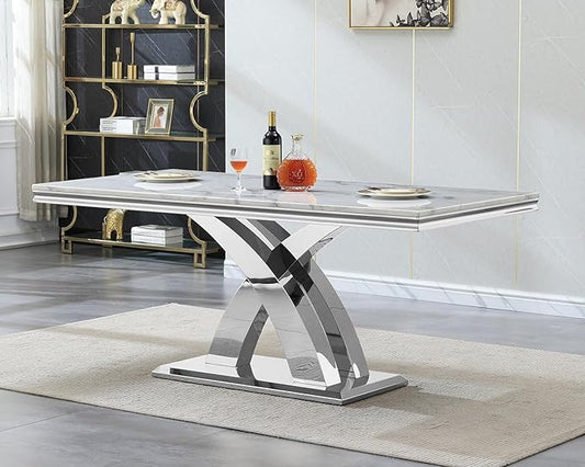 Goujxcy 68" Luxury Marble Dining Table for 6-8, Modern Rectangle White Faux Marble Kitchen Dining Room Table with Silver X-Shape Stainless Steel Pedestal Base for Kitchen Dining Room