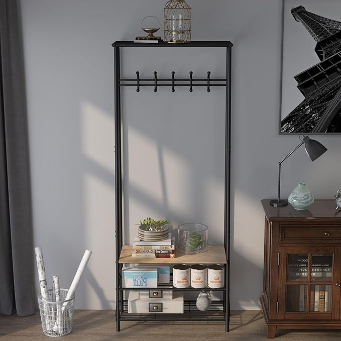 MDF Hall Tree with Bench, 4-in-1 Entryway Coat Rack with Storage Shelf & Shoe Organizer, Sturdy Freestanding Furniture for Living Room, Bedroom, Mudroom