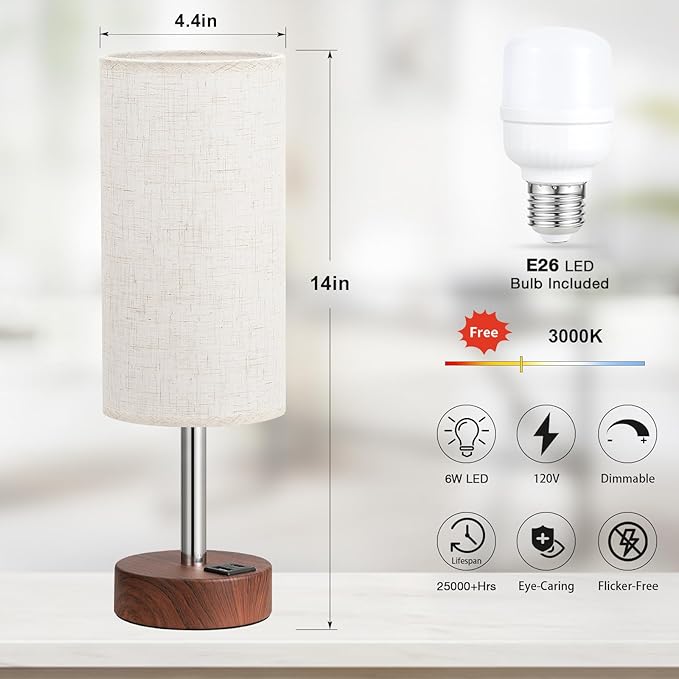Dicoool Touch Bedside Table Lamp with USB - 3 Way Dimmable Redwood Lamps for Bedroom Nightstand, Desk Lamp with Charging Station for Dorm, Living Room, Office, Kids Room, Nursery