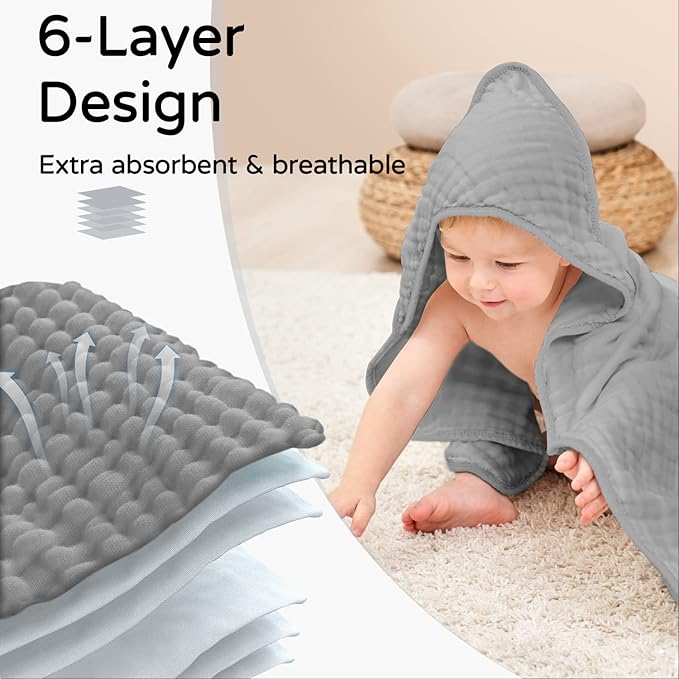 Yoofoss Hooded Baby Towels for Newborn 2 Pack 100% Muslin Organic Cotton Baby Bath Towel with Hood for Babies, Infant, Toddler and Kids, 32x32Inch, Soft and Absorbent Newborn Essential,Grey& Dark Blue