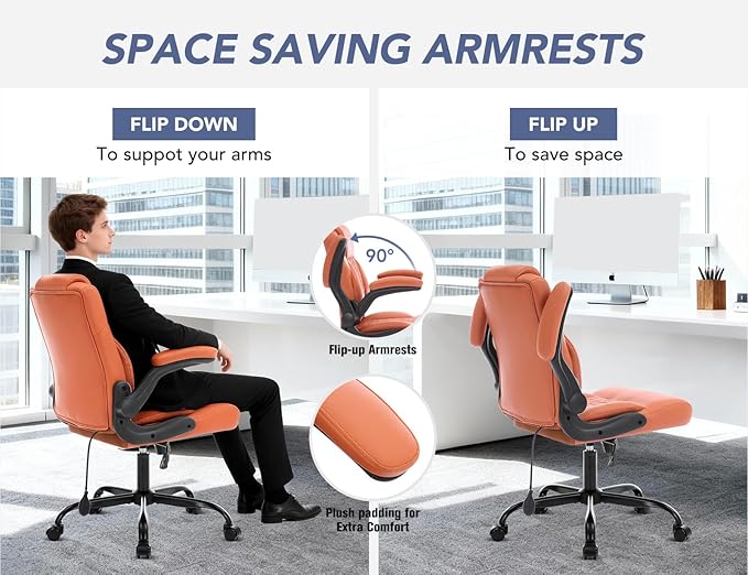 Office Chair with Adjustable Lumbar Support,Leather Ergonomic Computer Desk Chair with Flip-up Arms,Adjustable Tilt Lock,Swivel Rolling Executive PC Chair for Work, Study,Meeting,Small Space.Brown
