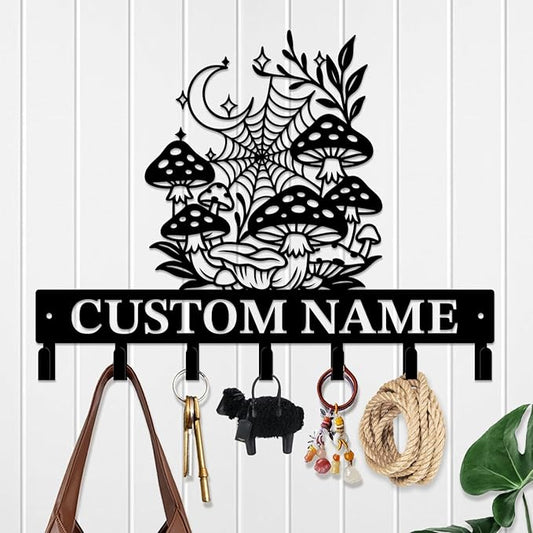 Customized Keys Holder - Personalized Mushroom Wonderland Key Hooks Wall Metal Sign Decor,Wall Holder,Door Hook (Style F)