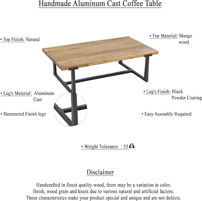 The Urban Port Marlon 48" Coffee Table | Handmade Aluminum Cast Frame | Natural Solid Mango Wood Top, Black and Brown