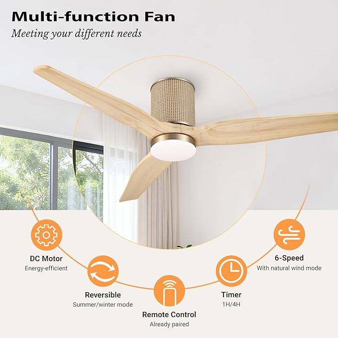 52" Ceiling Fan with Light - Low Profile Flush Mount Ceiling Fan, 6-Speed Remote Control, Solid Wood, Quiet Reversible DC Motor, Boho Style, for Bedroom, Living Room, Porch, Light Oak/Gold