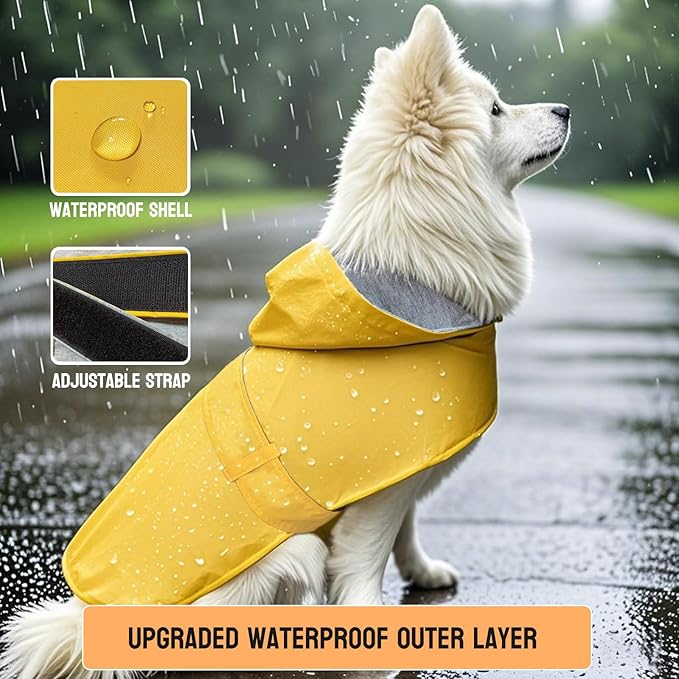 Dog Raincoat Dog Rain Jacket Poncho Waterproof Pet Rain Suit Double Layer Breathable Lining Hooded Leash Hole Adjustable Puppy Small Medium Dogs,Yellow,XL