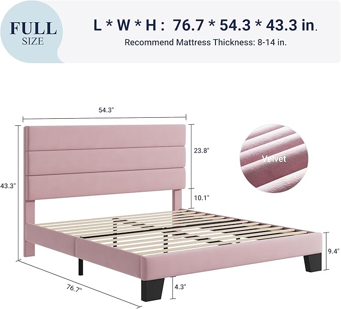 Allewie Full Size Platform Bed Frame with Velvet Upholstered Headboard and Wooden Slats Support, Fully Upholstered Mattress Foundation/No Box Spring Needed/Easy Assembly, Pink