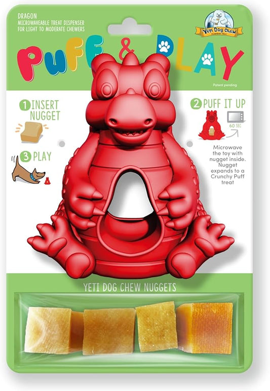Yeti Dog Chew Puff and Play Interactive Dog Toys, Nuggets Dog Treat Dispenser Puzzle, Fun Stimulating Chew Toy for Teething, Behavior Training for Light to Moderate Chewers, (Red - Dragon)