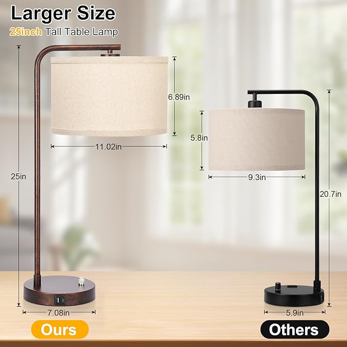 Vintage Table Lamp, Fully Dimmable Table Lamp with C+A USB Charging Ports, Farmhouse Bedside Lamp Nightstand Light, Tall Reading Desk Lamp for Living Room, Bedroom, Office, 9W LED Bulb Included
