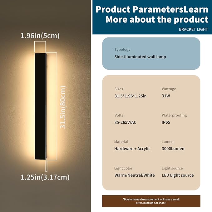 2 Pack Outdoor Wall Mounted Light, 31.4inch Modern Black Long Exterior Sconce, 3 CCT 3000K/4500K/6000K, 31W, IP65 Waterproof Porch Lighting for Patio, Yard, Garage, House