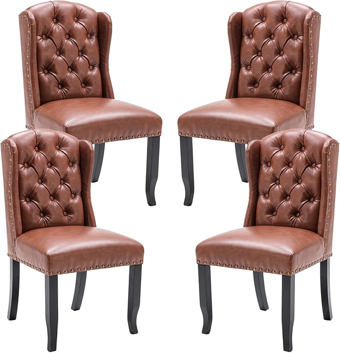 DUOMAY Modern Tufted Dining Chairs Set of 4, PU Leather Upholstered Dining Room Chairs Armless Guest Side Chair for Kitchen Dining Room, Wingback Accent Chairs with Solid Wood, Brown