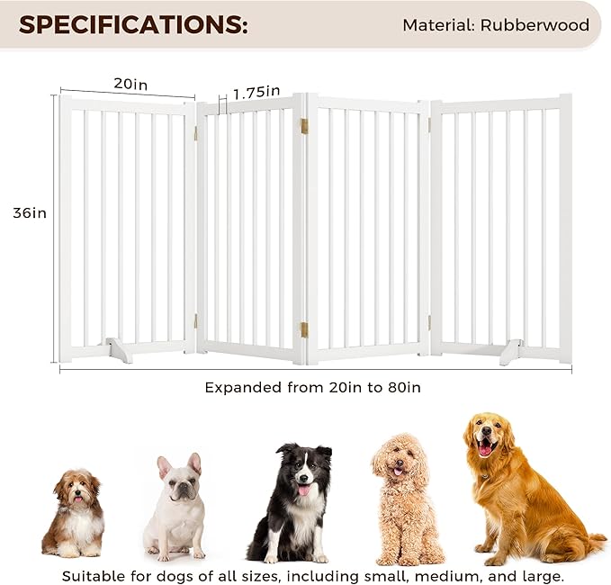 36" H Freestanding Pet Gate, Solid Wood Foldable Dog Gate with Support Feet, Wooden Tall Dog Gate for Doorway, Stairs & Indoor Use, 60" Wide Expandable Pet Fence, 4 Panels, White