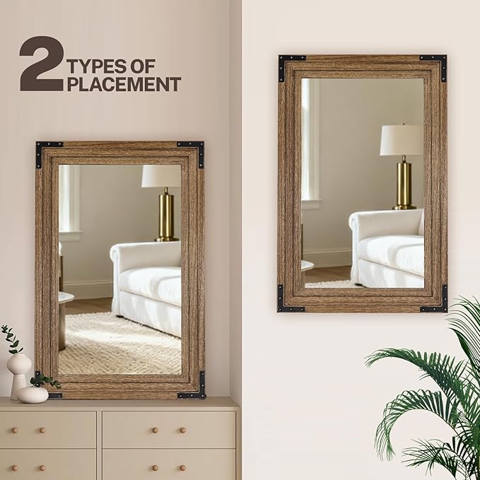 Full Length Mirror 30"x20" Solid Wood Frame Floor Standing Mirror, Hanging or Leaning Wall-Mounted for Living Room, Bedroom, Oak Color