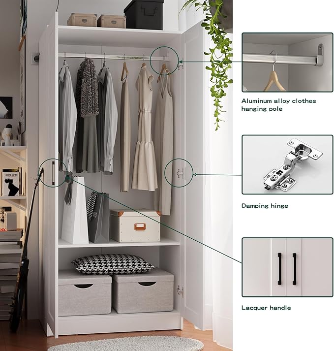Wood White Wardrobe Closet with 2 Doors and 2 Drawers，Bedroom Freestanding Armoire Storage Cabinet with Shelves，Wooden Wardrobe Combination for Hanging Clothes (White 2 Drawers)