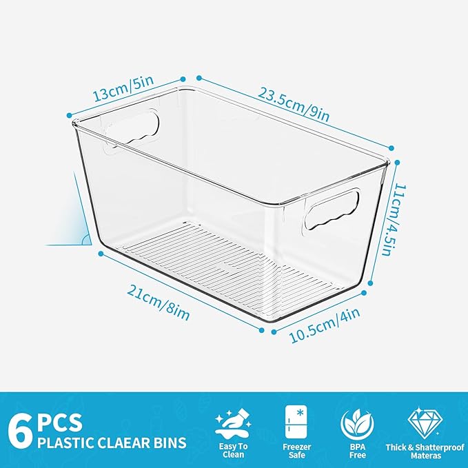 6 Pack Clear Pantry Organizer Bins, Fridge Organiser Set, Plastic Containers with Handle,Home Organization Must Haves for Kitchen,Freezer,Cabinet,Closet,Bathroom Under Sink Storage