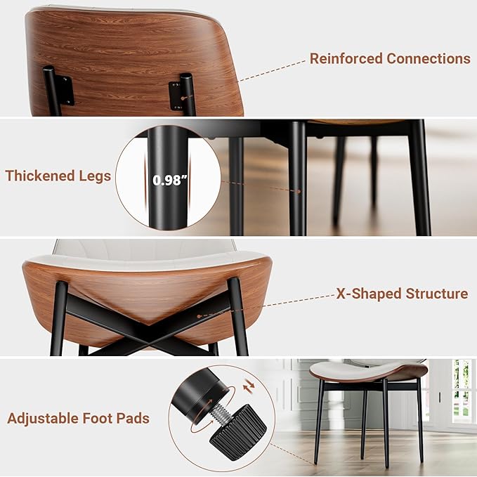 Dining Chairs Set of 8, Dining Room and Kitchen Chairs, Mid Century Modern Accent Chair, Upholstered PU Leather Chairs for Vanity with Walnut Bentwood and Metal Legs, Beige