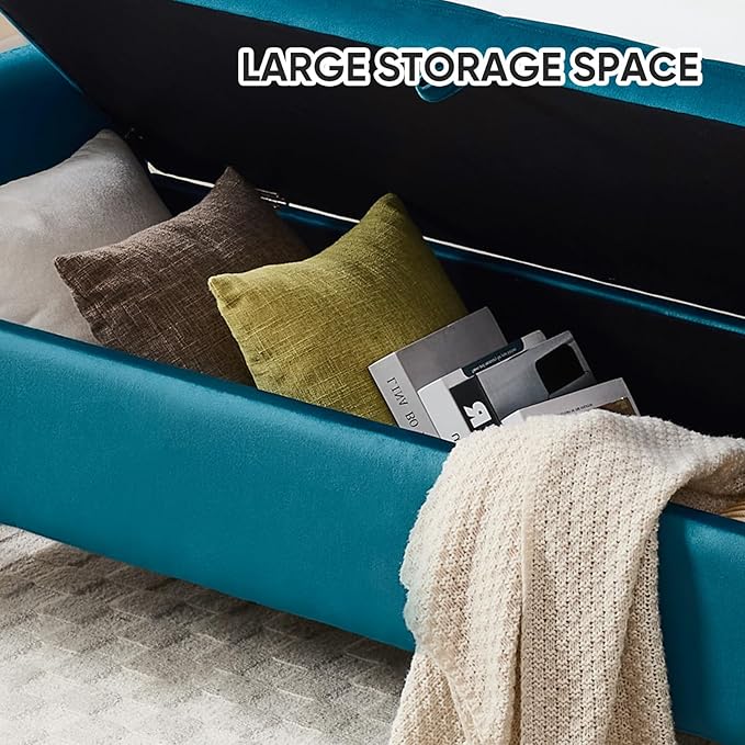 65" Storage Ottoman Bench, End of Bed Storage Bench King Size with Tufted Button Upholstered and Gold Legs, Bedroom Benches with Armrests for Living Room Window, Vintage Green