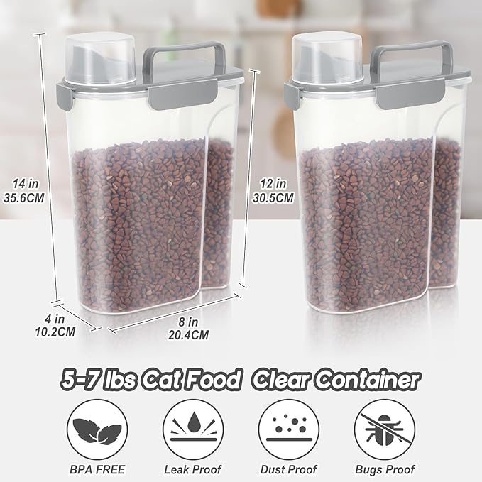 5-7Lbs Dog Cat Food Storage Container with Upgraded Large Nozzle BPA-free, 4 Snap Seals Plastic Pet Food Storage Containers with Handles (2, Light Gray, 5L)