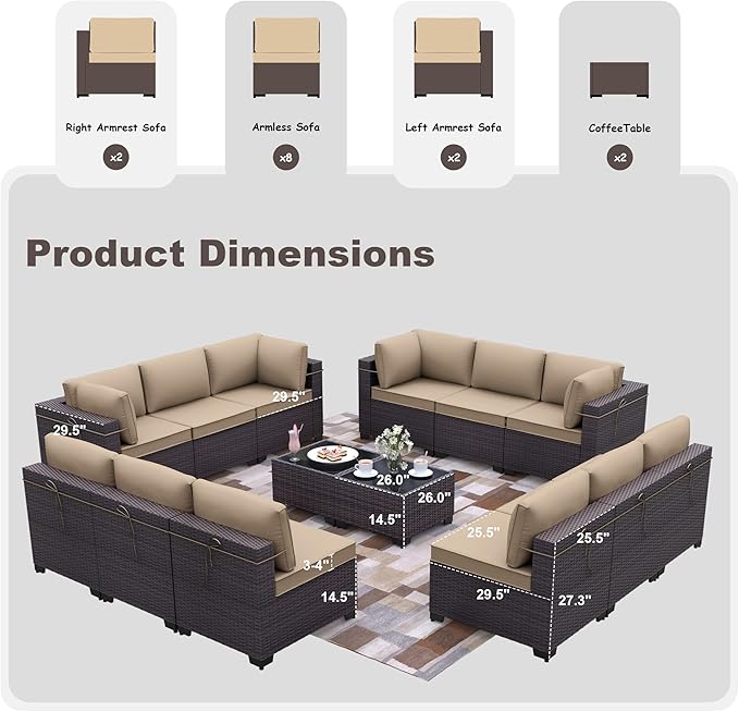Kurapika 14 Pieces Patio Furniture Set, Rattan Wicker Outdoor Conversation Sets w/4 Inch Cushion and Glass Coffee Table(Sand)