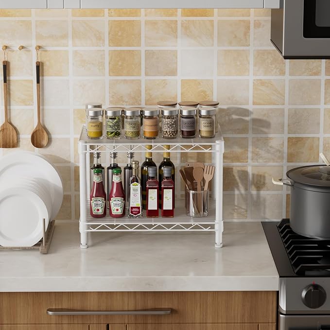 Small 2 Tier Shelves Storage Wire Shelving Unit Metal Shelf Adjustable Organizers Storage Shelving for Bathroom Laundry Room Kitchen Pantry12”D x 18”W x 12.2”H White