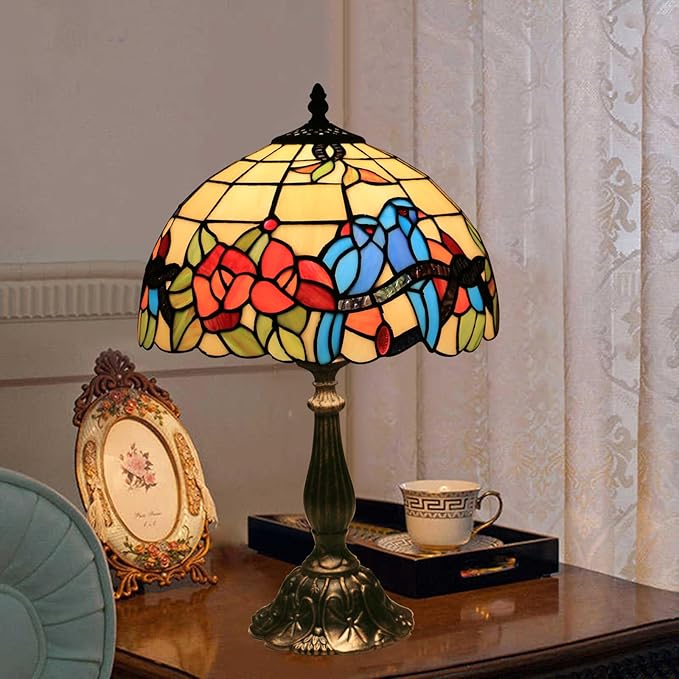 Tiffany Style Table Lamp Hummingbirds Flower Stained Glass Bedside Nightstand Table Lamp for Bedroom,Living Room,Home Office Farmhouse Desk Lamps 12X12X19Inch