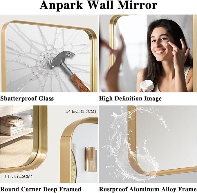 Gold Metal Deep Frame Mirror - 30" x 48" Rectangular Wall Mounted Vanity Mirror for Bathroom, Bedroom, Living Room & Entryway Decor