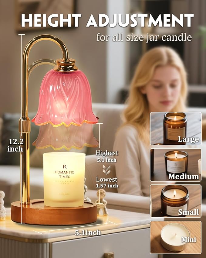 Candle Warmer Lamp, Gold Candle Lamp Warmer with Timer & Dimmer with 2 Bulbs, Birthday Gifts for Mom, Christmas Gifts for Women, New Home Bedroom Decor, Height Adjustable