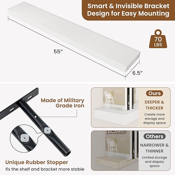 fuqing Floating Shelves for Wall, Wall Mounted Wood Floating Shelf with Invisible Brackets for Living Room, Bathroom, Bedroom, Kitchen Storage and Decor, 55 Inch Set of 2, White