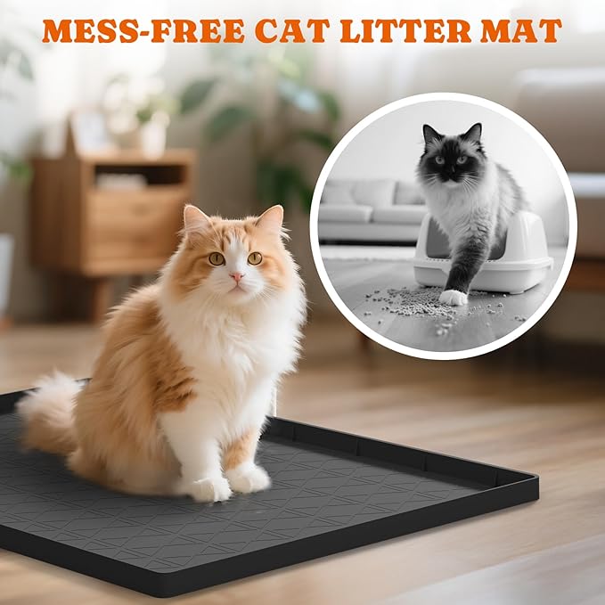 Pawtners Extra Large 2 Packs Silicone Cat Litter Mats, 34" x 22" Waterproof Litter Box Mat, Non-Slip Kitty Litter Mat for Scatter Control, Easy to Clean & Urine-Proof Cat Litter Trapping Mat, Black