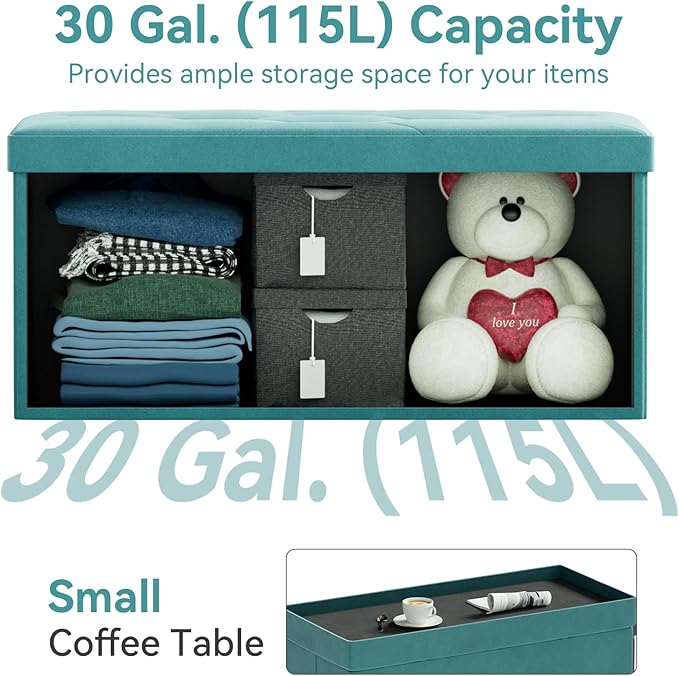 BRIAN & DANY Folding Storage Ottoman Bench, Ottoman with Storage, Foot Rest, Benches Seat for Bedroom, Living Room, Entryway, Long Shoes Bench, 15.7" x 31.5" x 15.7" Teal