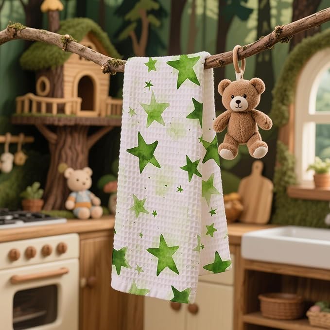 Watercolor Star Hand Towel, Star Waffle Towels, Nursery & Bathroom Hand Towel, 16x24 Inch Grass Green Dish Tea Towel Decor for Kitchen & Nursery & Bathroom, Gift for Friends & Homeowners.