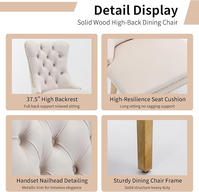 Luxury Upholstered Dining Chairs Set of 6, Beige Kitchen Chair with Golden Metal Legs, Velvet Tufted Back Dining Chair, Sillas de Comedor, Modern Kitchen & Dining Room Chairs (Beige, 6 Pcs)